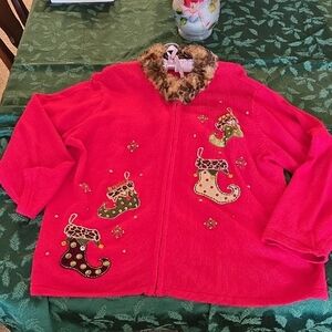 Women's Festive Red Jacket with Faux Fur Collar And Lots Of Bling.
